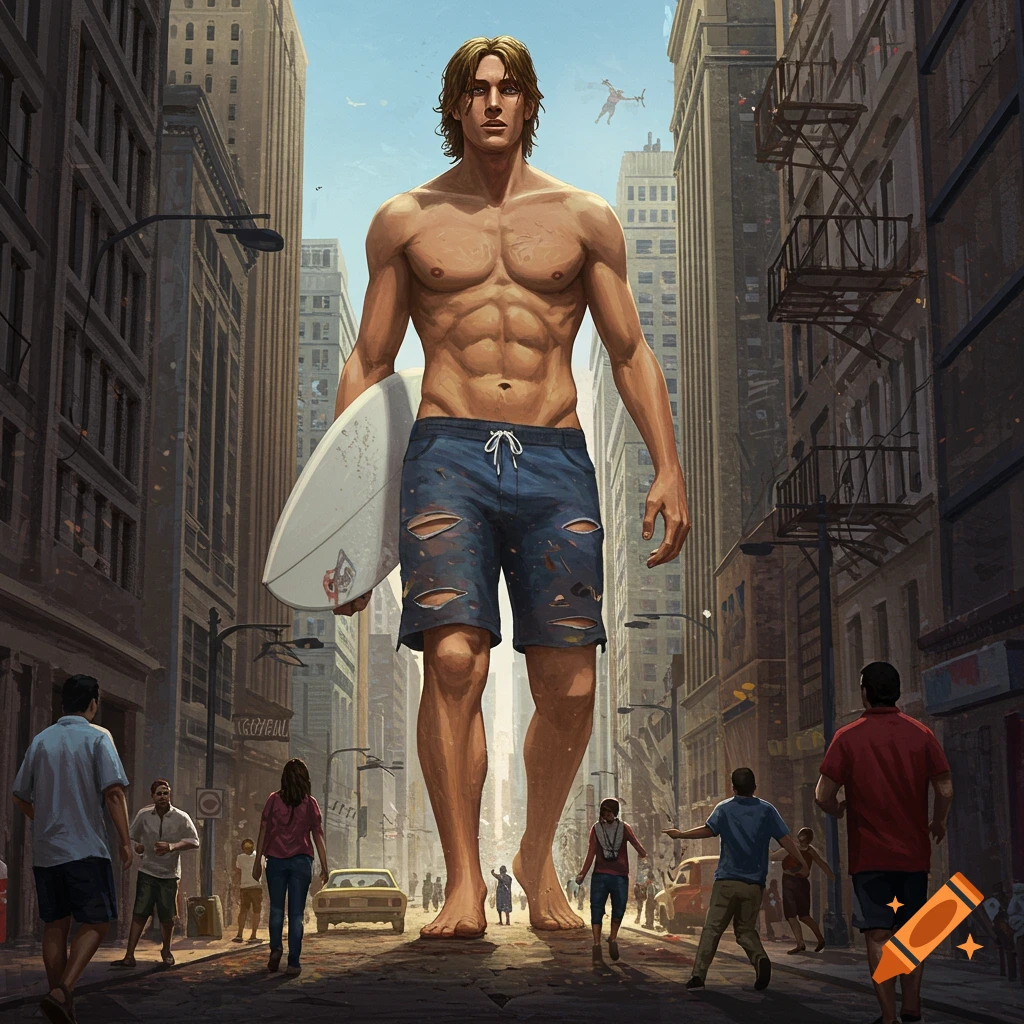A giant surfer walks down a city street with people fleeing.