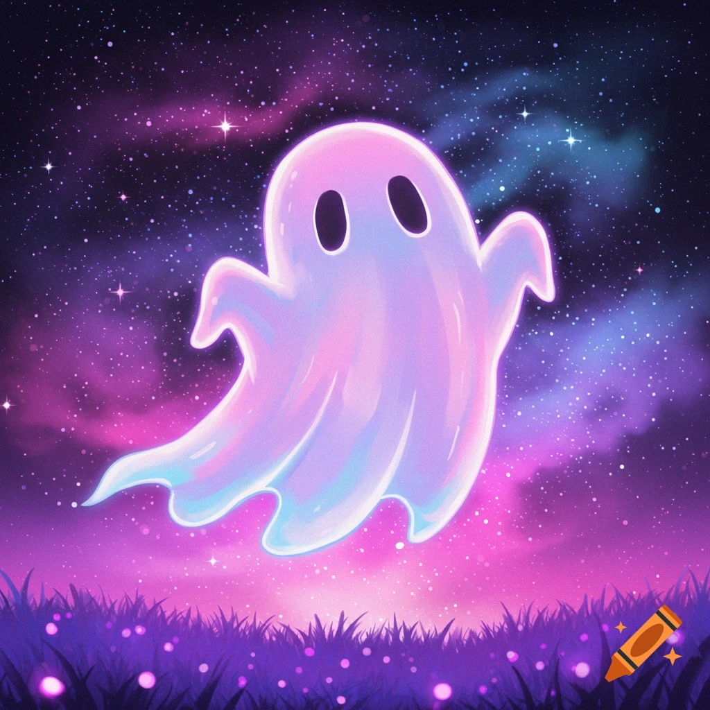 A glowing pink and blue translucent ghost floats above purple grass with sparkling lights against a starry pink and blue galaxy background.