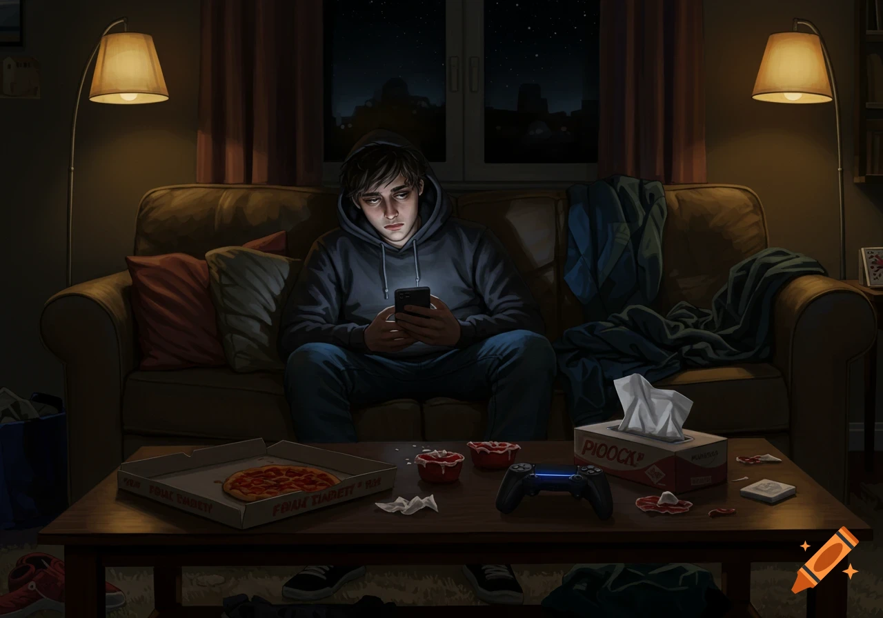 A tired young man is sitting on a couch in a messy room, staring at his phone.