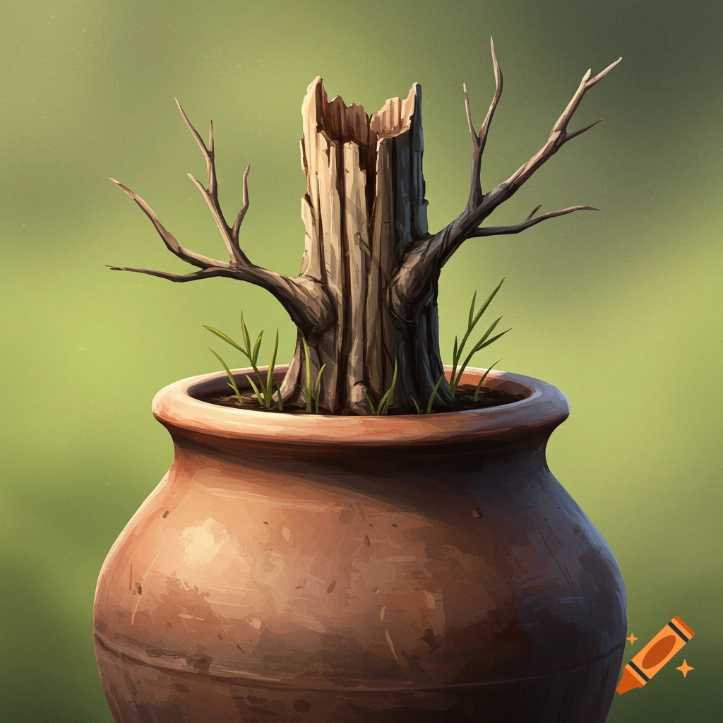 Tree stump with green growth in a large terracotta pot.
