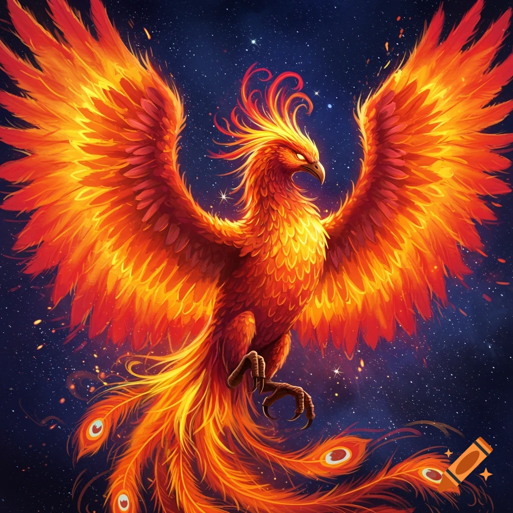 A vibrant image of a phoenix with fiery wings soaring through a starry sky.