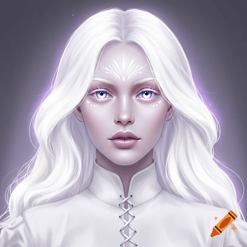 Portrait of a pale woman with glowing white hair and purple eyes, wearing a white lace-up shirt, fantasy anime style
