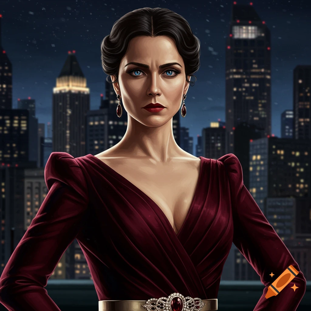 A woman in a red dress against a city skyline at night.