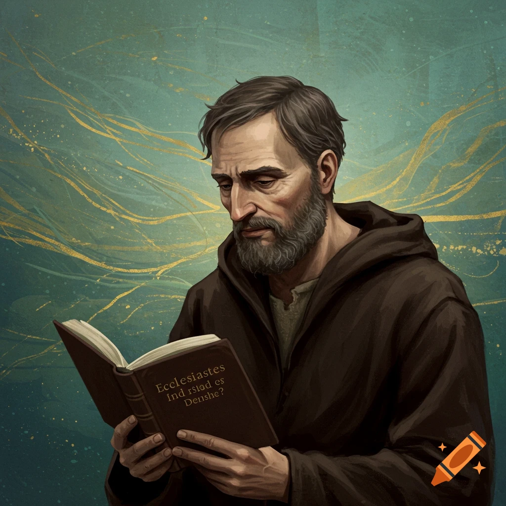 A bearded man in a hooded robe is reading a book with a golden abstract background.