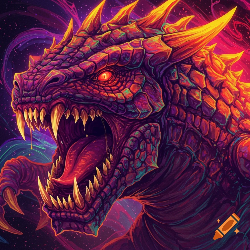Close-up of a vibrant purple and orange dragon head with fangs and claws.