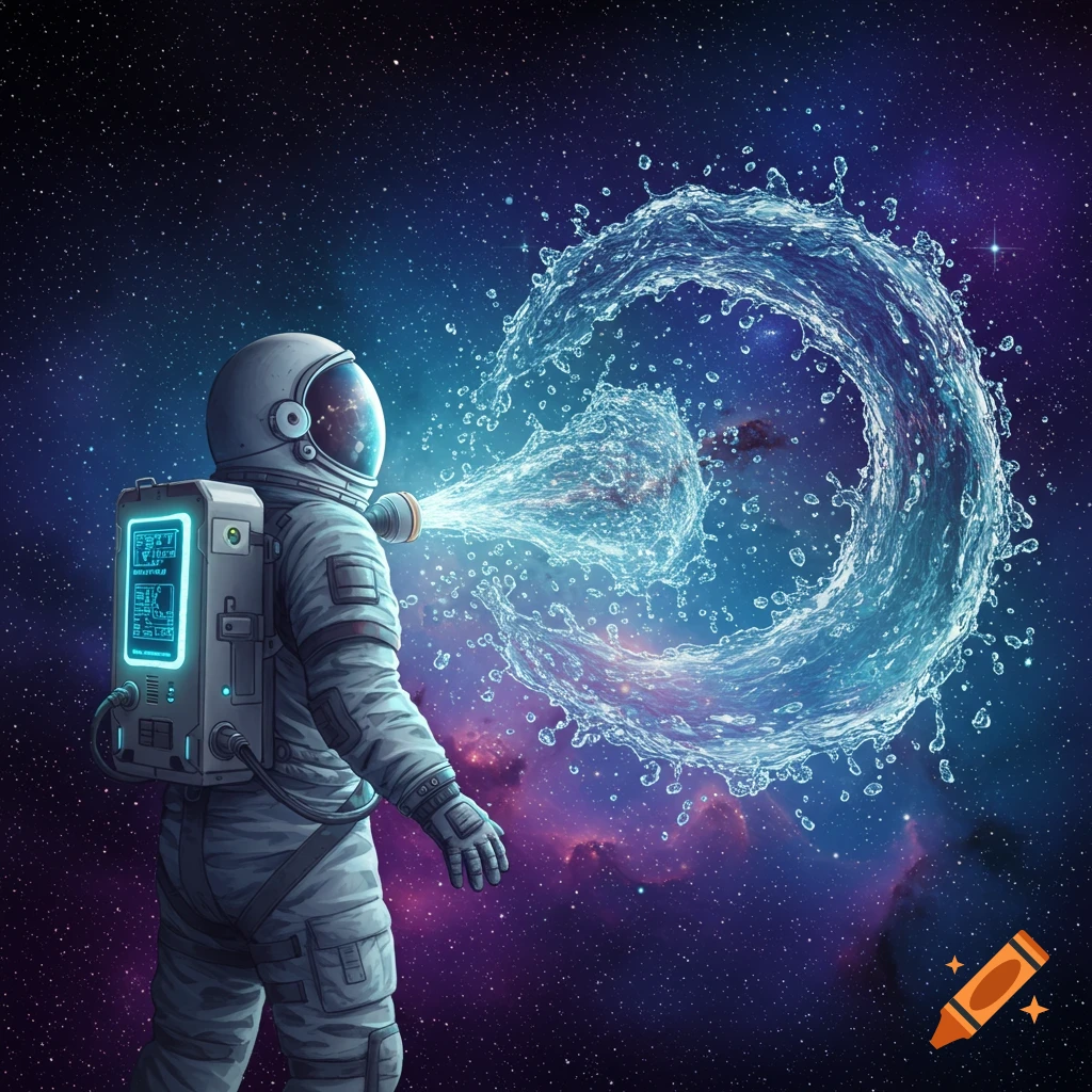 An astronaut is creating a swirling water orb in space.