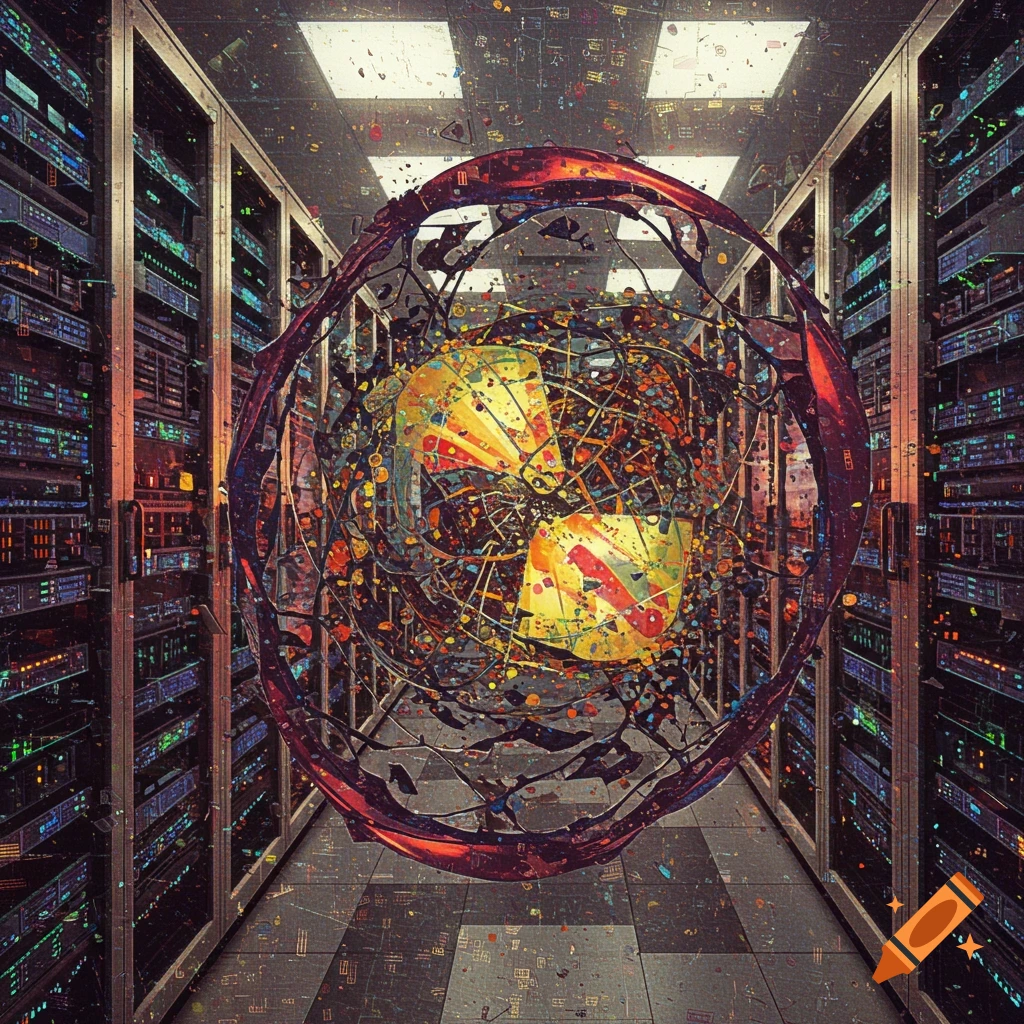 Abstract sphere with a nuclear-like symbol in a server room.
