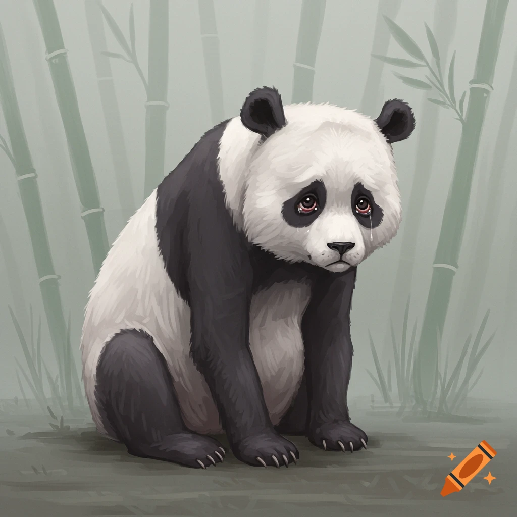 A sad panda sits in a bamboo forest.