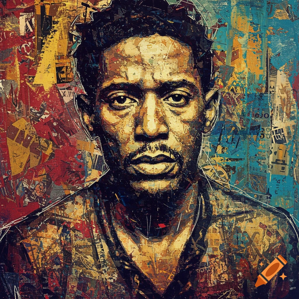 Abstract portrait of a man in a collage style with bold colors and textures.
