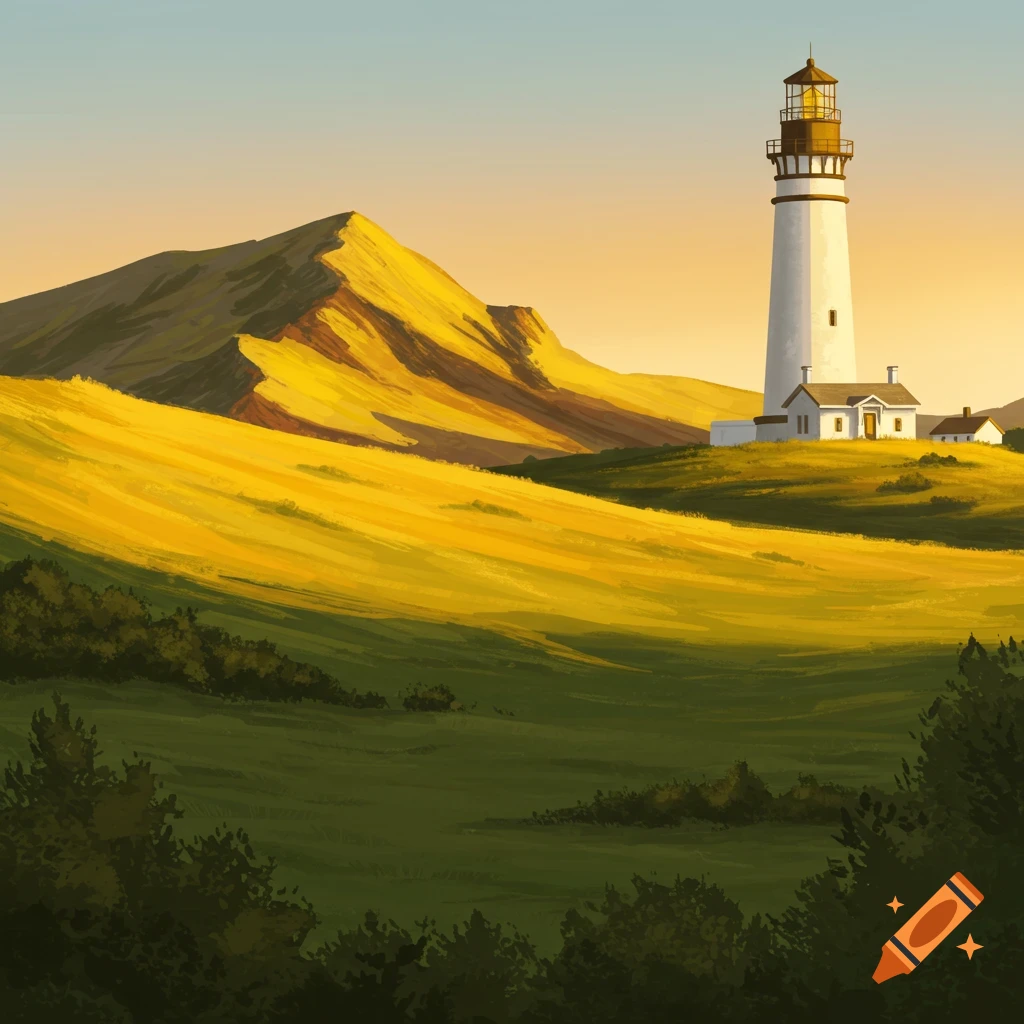 A landscape with yellow hills, a lighthouse, and a house under a warm sky.