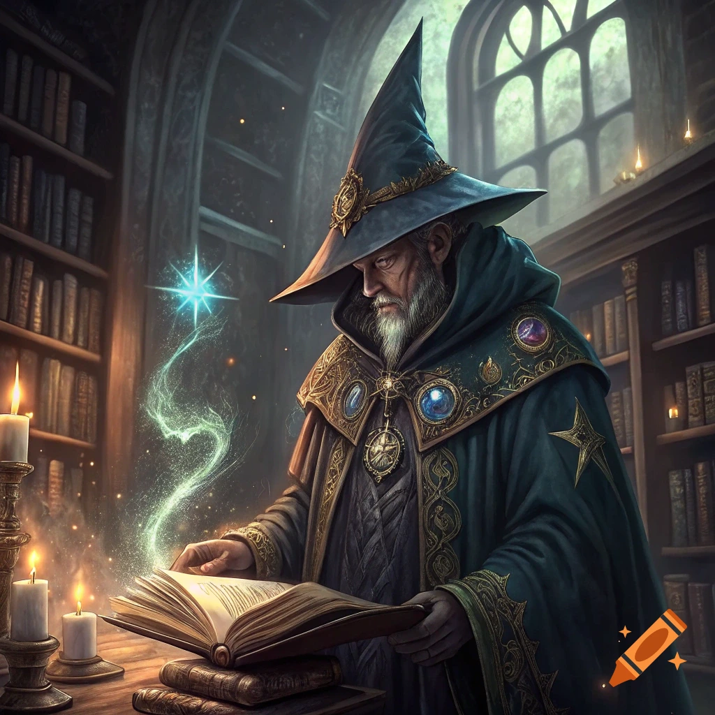 An old wizard in a pointed hat reads a magical book in a candlelit library, with glowing spell effects.
