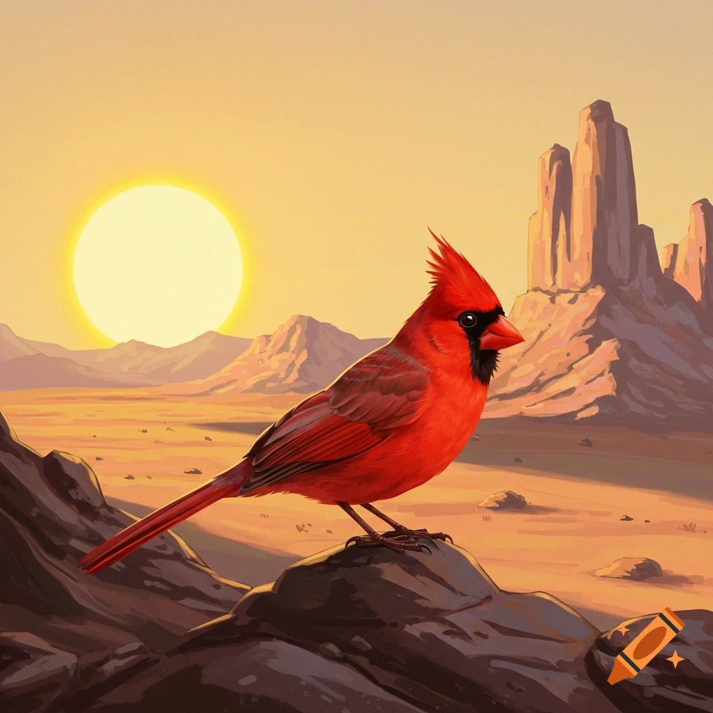 A red cardinal bird perches on a rock in a desert at sunset.