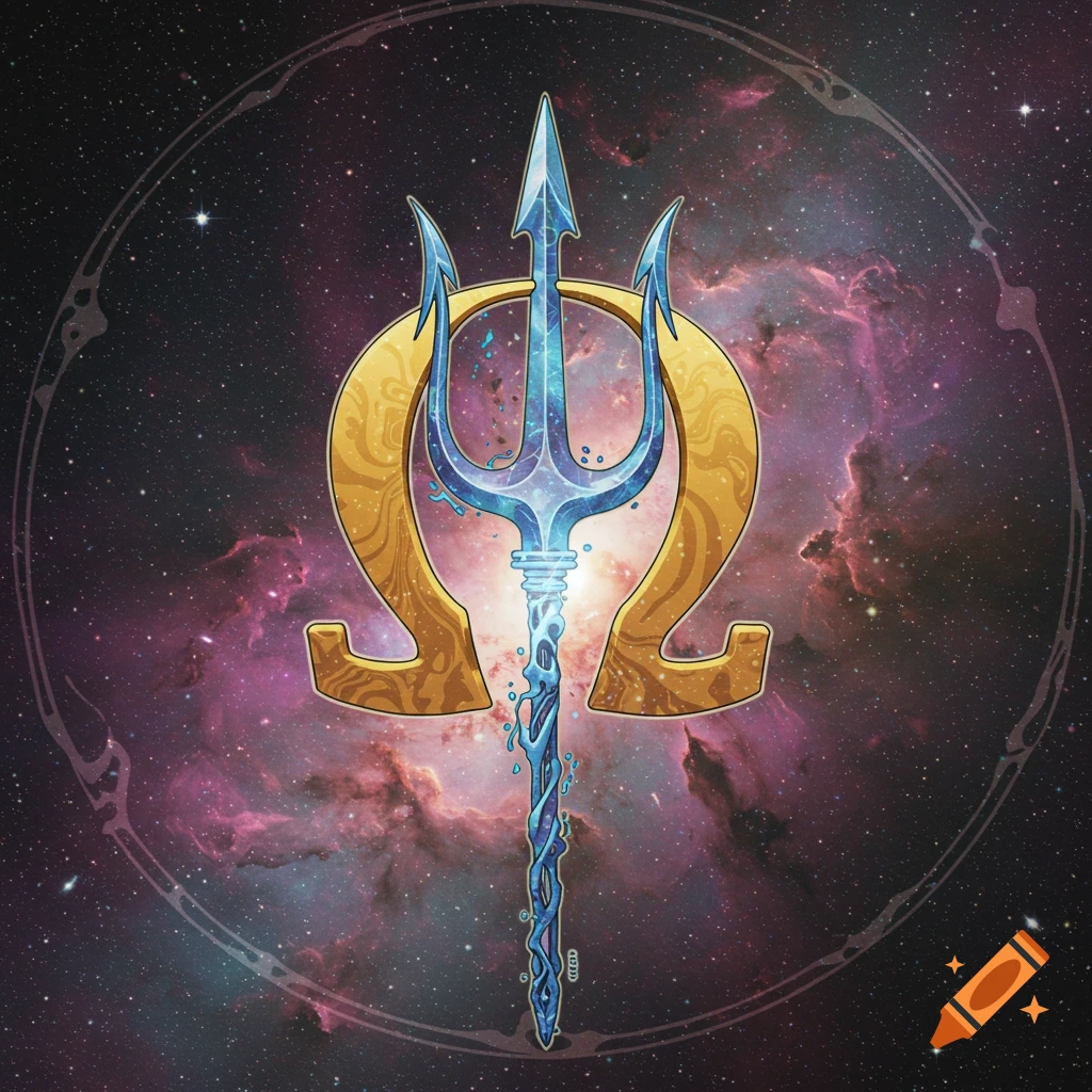A blue trident through a golden omega symbol in space