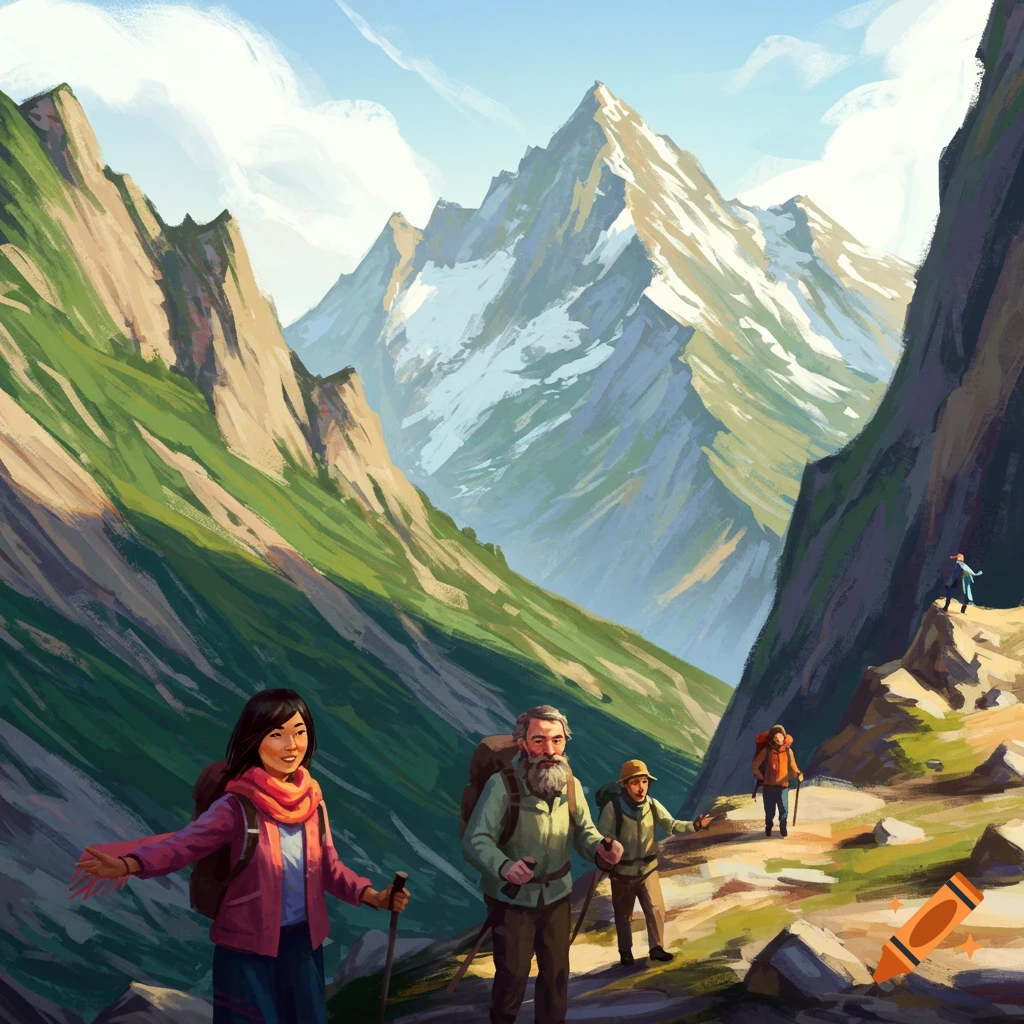 People hiking on a trail through green mountain valleys with snow-capped peaks under a cloudy sky.