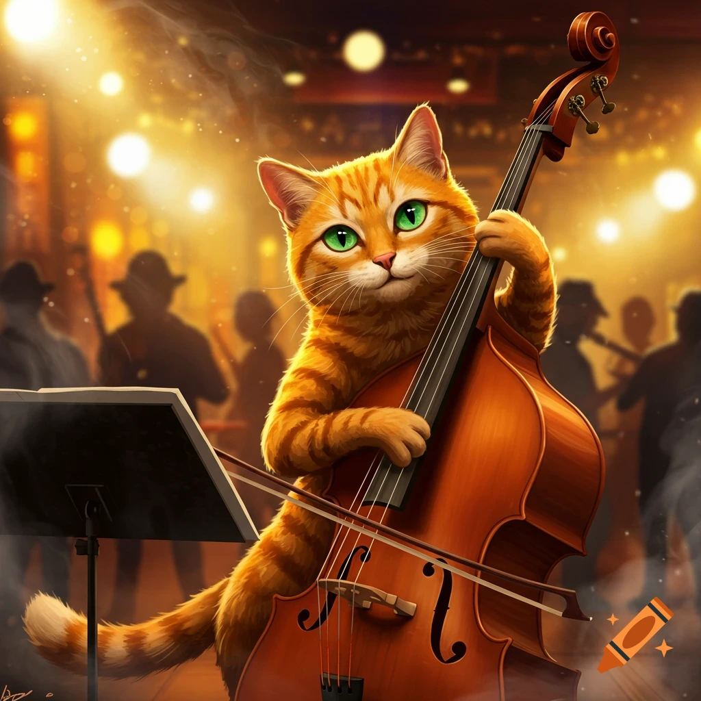 Orange tabby cat playing an upright bass on a stage under lights
