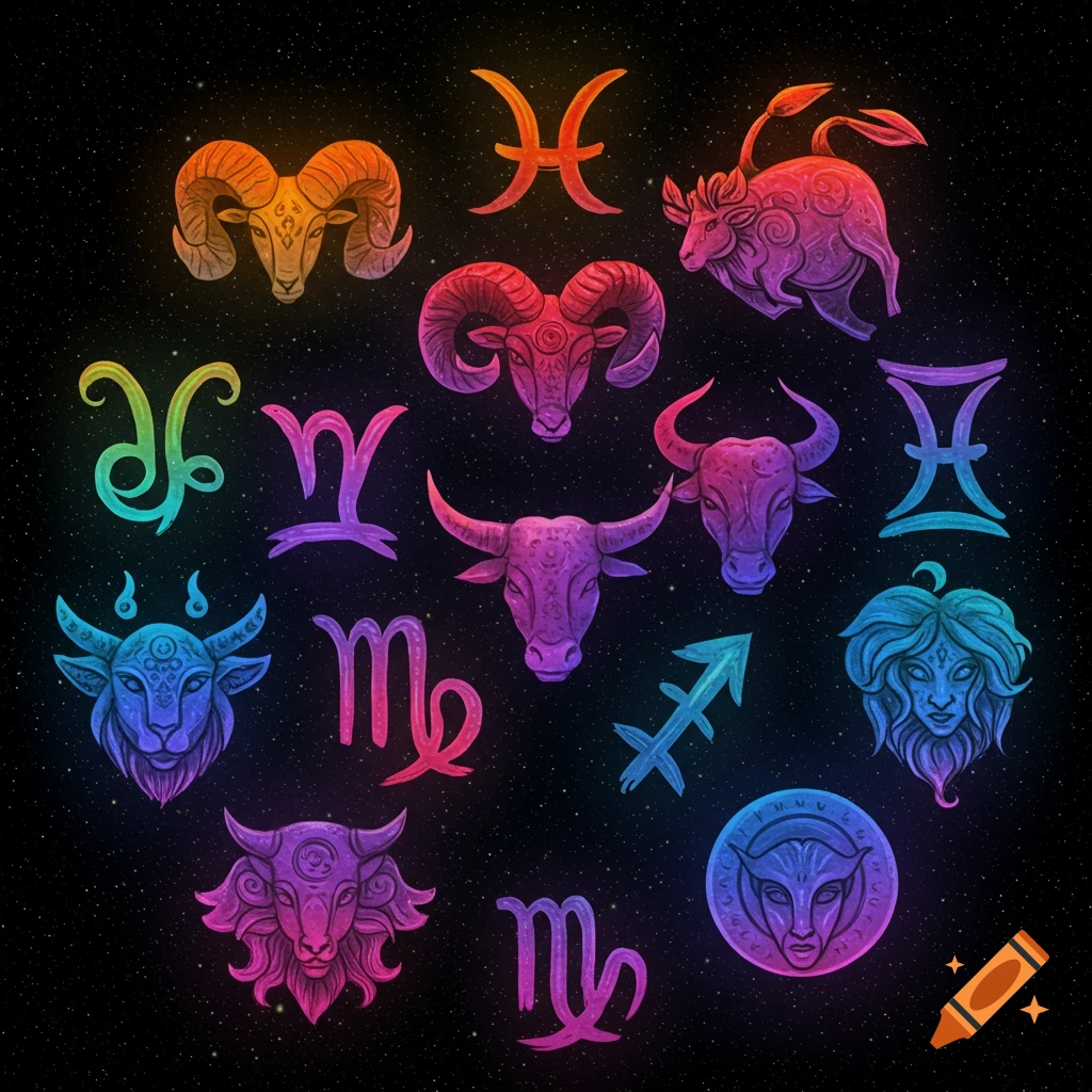 Colorful stylized zodiac symbols and animal heads on a starry background.