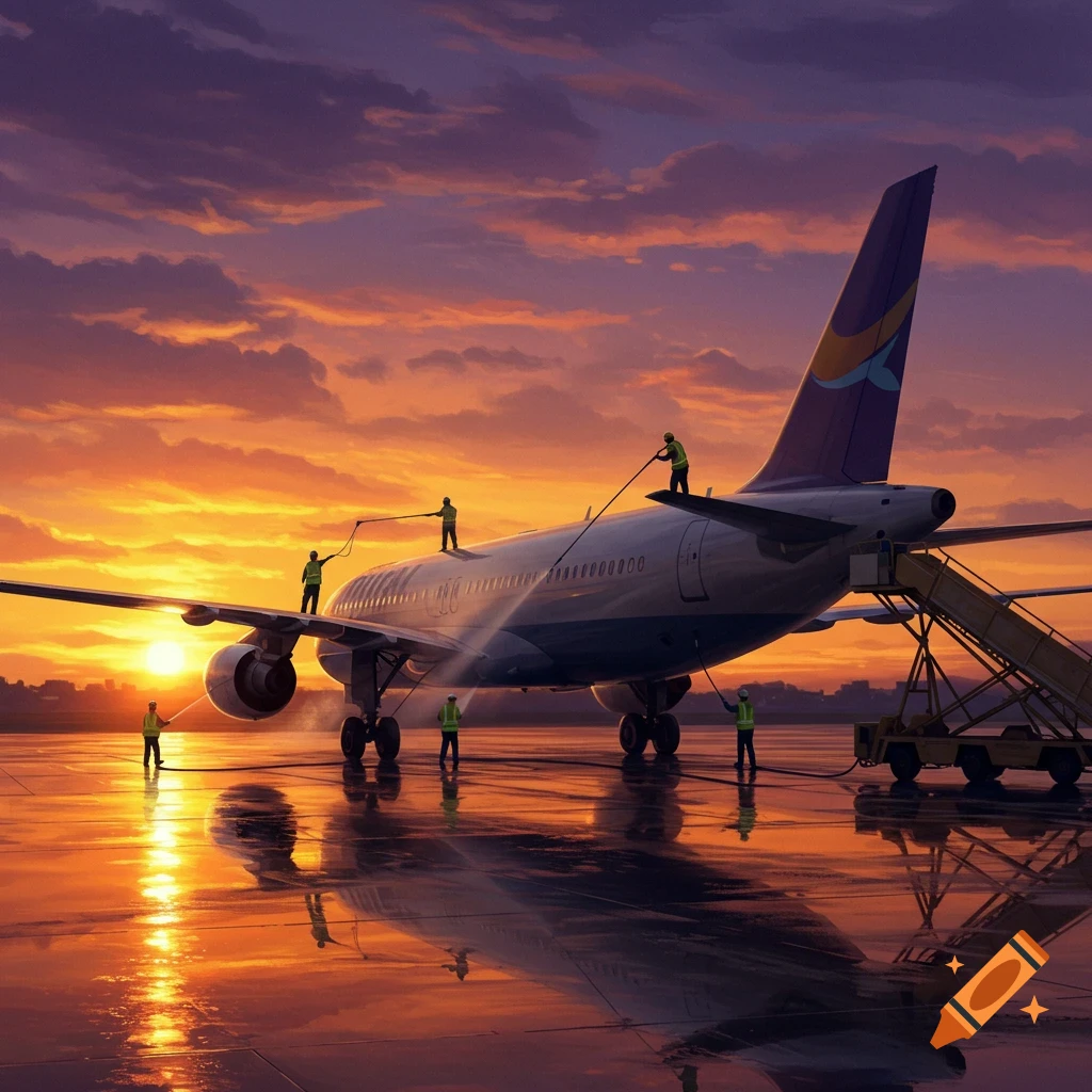 Workers washing an airplane on a wet tarmac at sunset