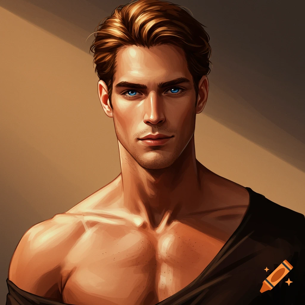 A man with blue eyes and brown hair, wearing a black shirt off his shoulder.