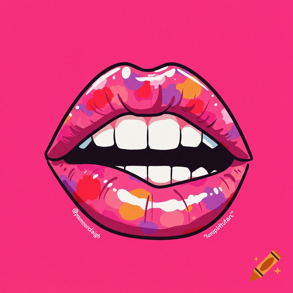 Pop art illustration of colorful glossy lips and teeth against a pink background.