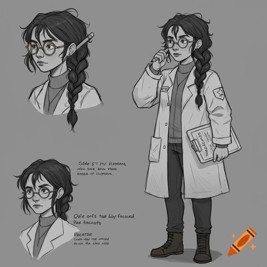 Sketch character sheet of a young woman in a lab coat with glasses and braided hair.