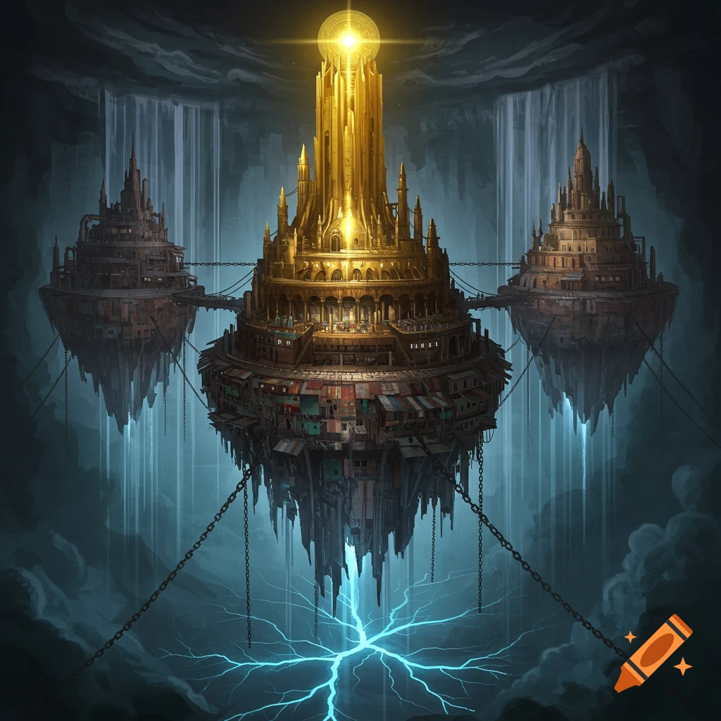 Floating steampunk city with a tall golden spire, tiered structures, chains, waterfalls, and blue energy below.