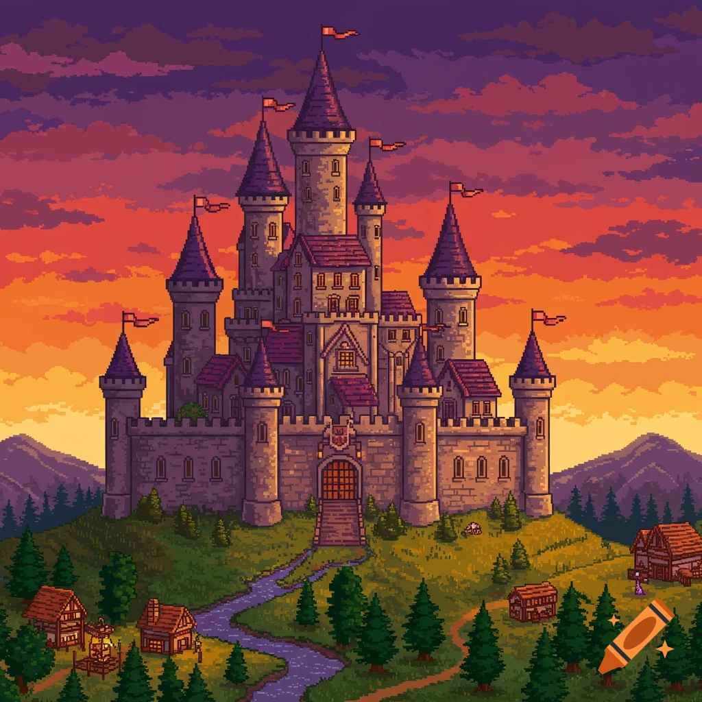 Pixel art fantasy castle on a hill at sunset with a village below