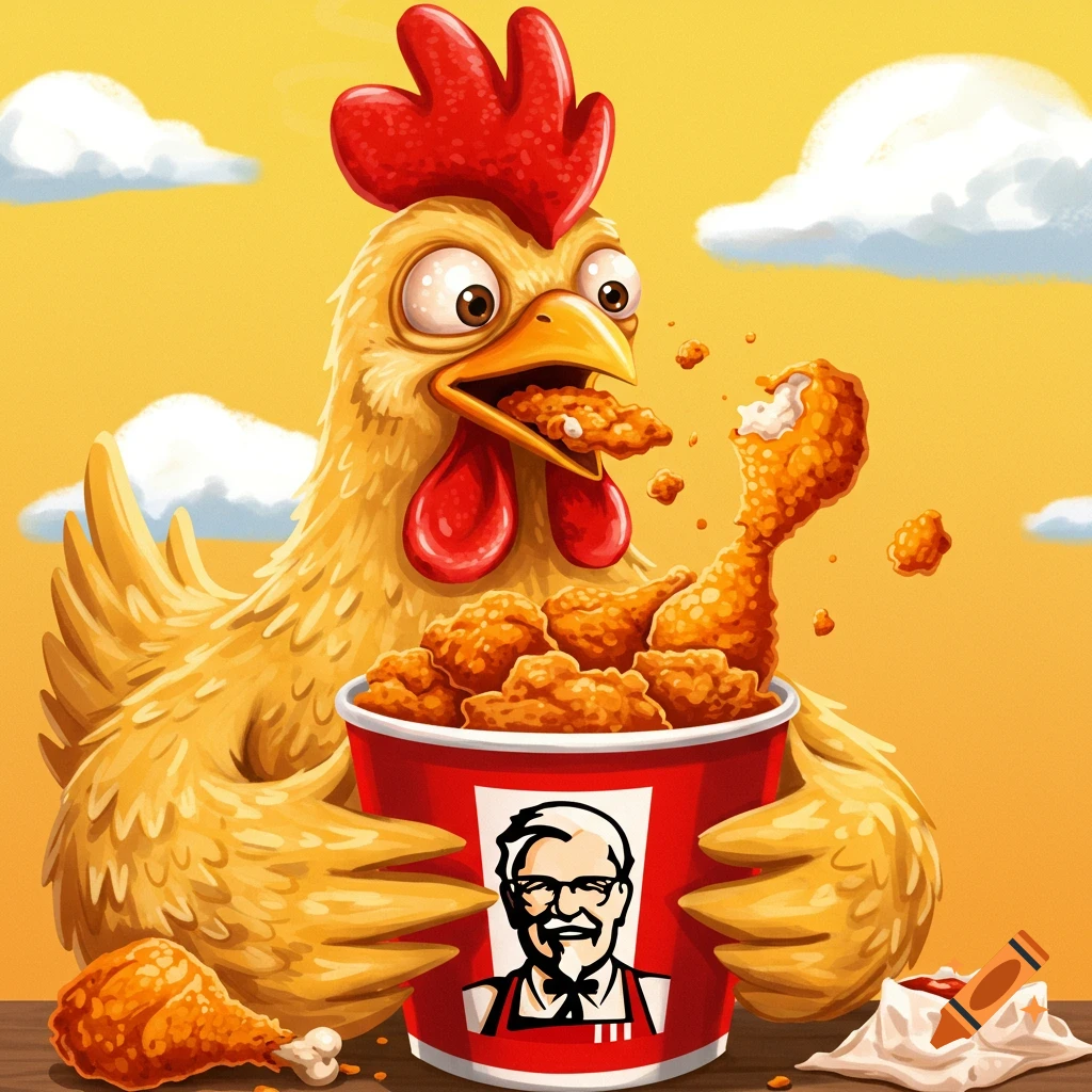 Cartoon chicken eating fried chicken from a bucket.