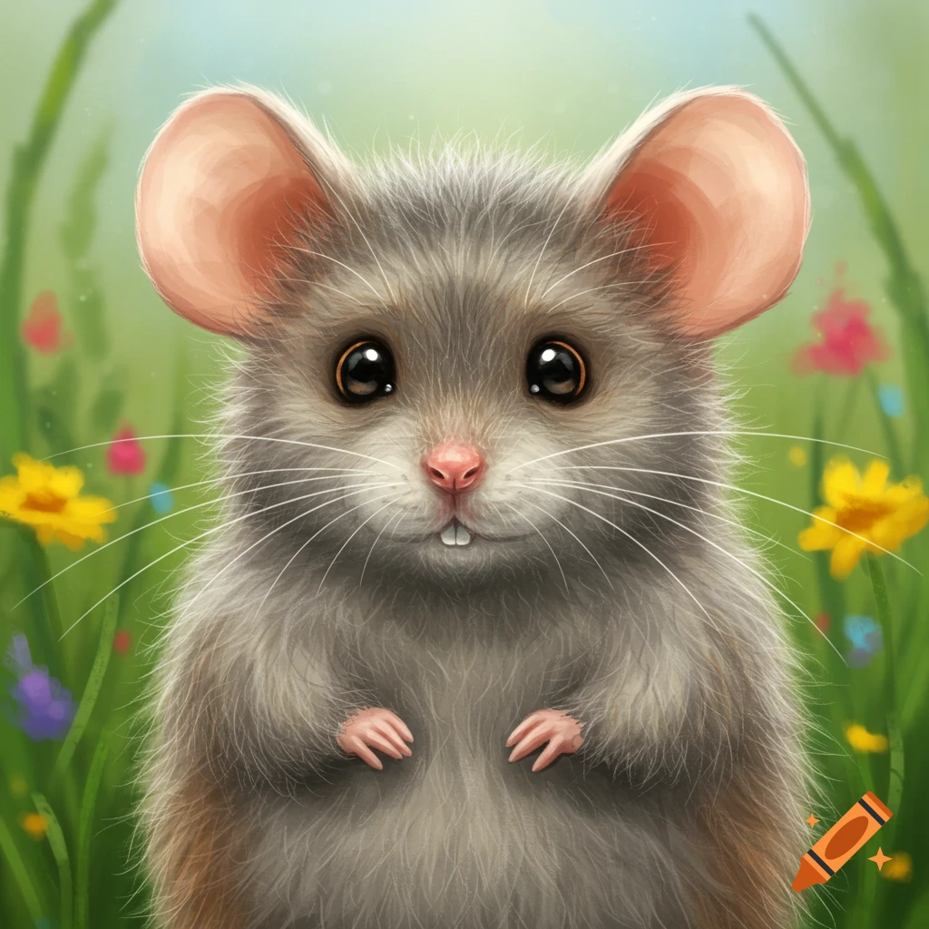A fluffy mouse in a field of flowers.