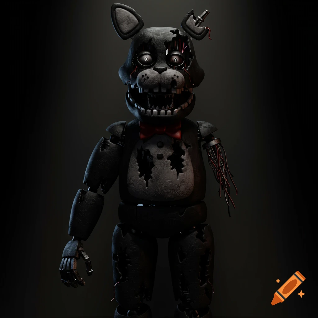 A damaged black animatronic cat with exposed wires and ripped fur stands in darkness.