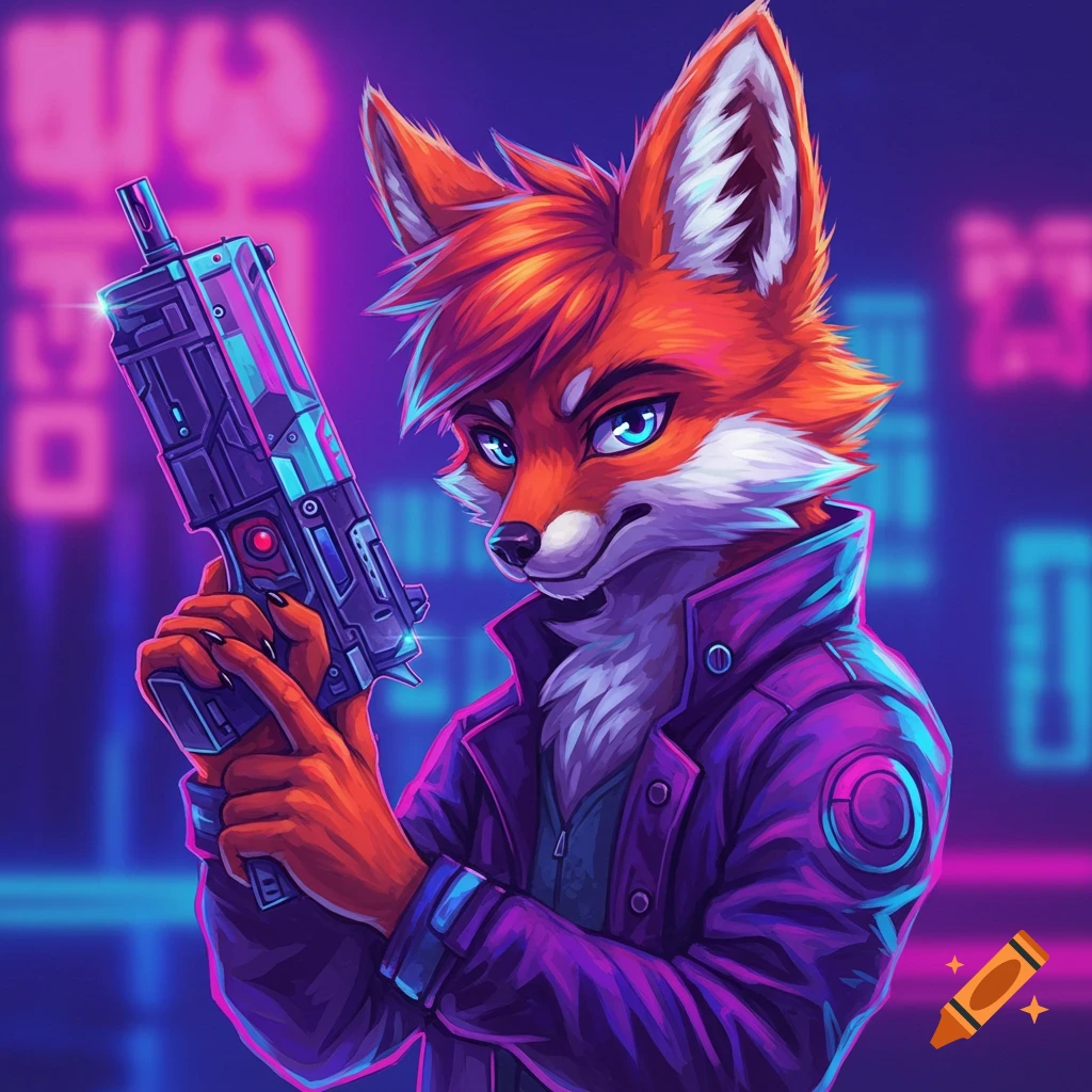 A furry fox character in a purple jacket holds a sci-fi gun in a neon cyberpunk setting.