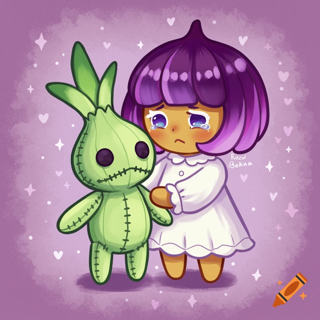 A crying character with purple onion-shaped hair hugs a green stitched doll.