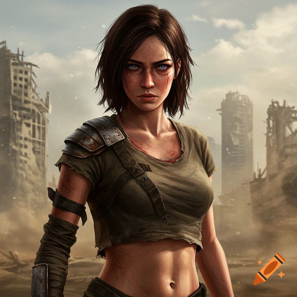 A post-apocalyptic woman with short hair, dirty face, and intense blue eyes stands in ruins.