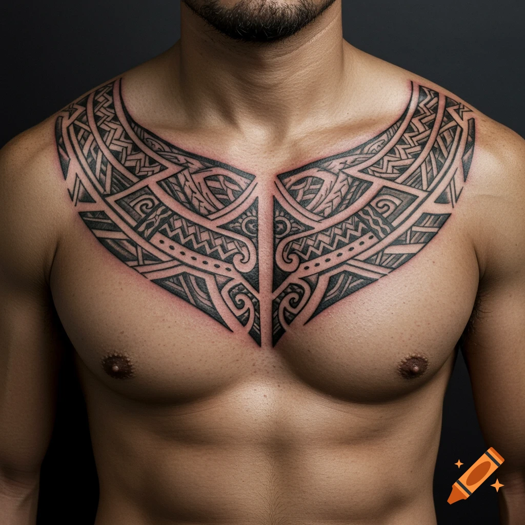 A close-up of a man's chest with a large, detailed tribal-style tattoo.