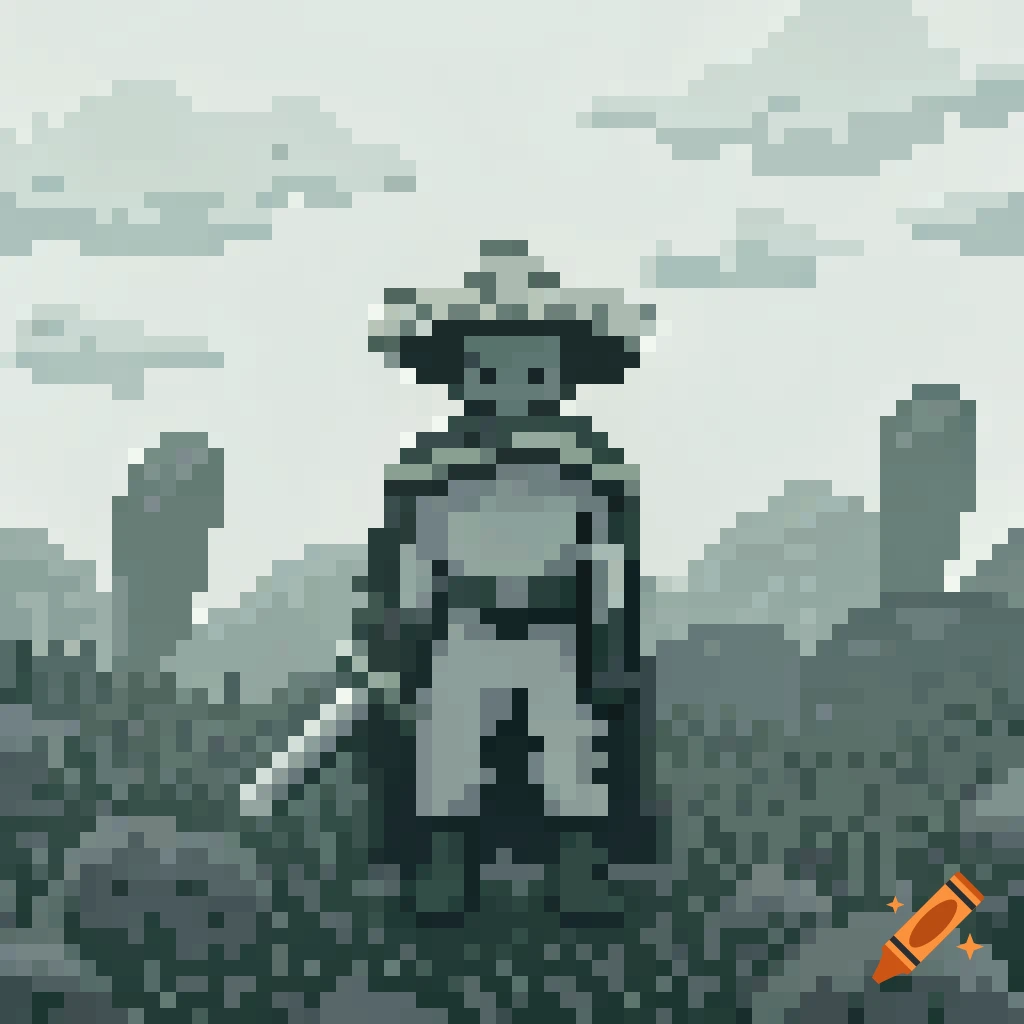 Pixel art figure in a cape and sombrero standing in a landscape.