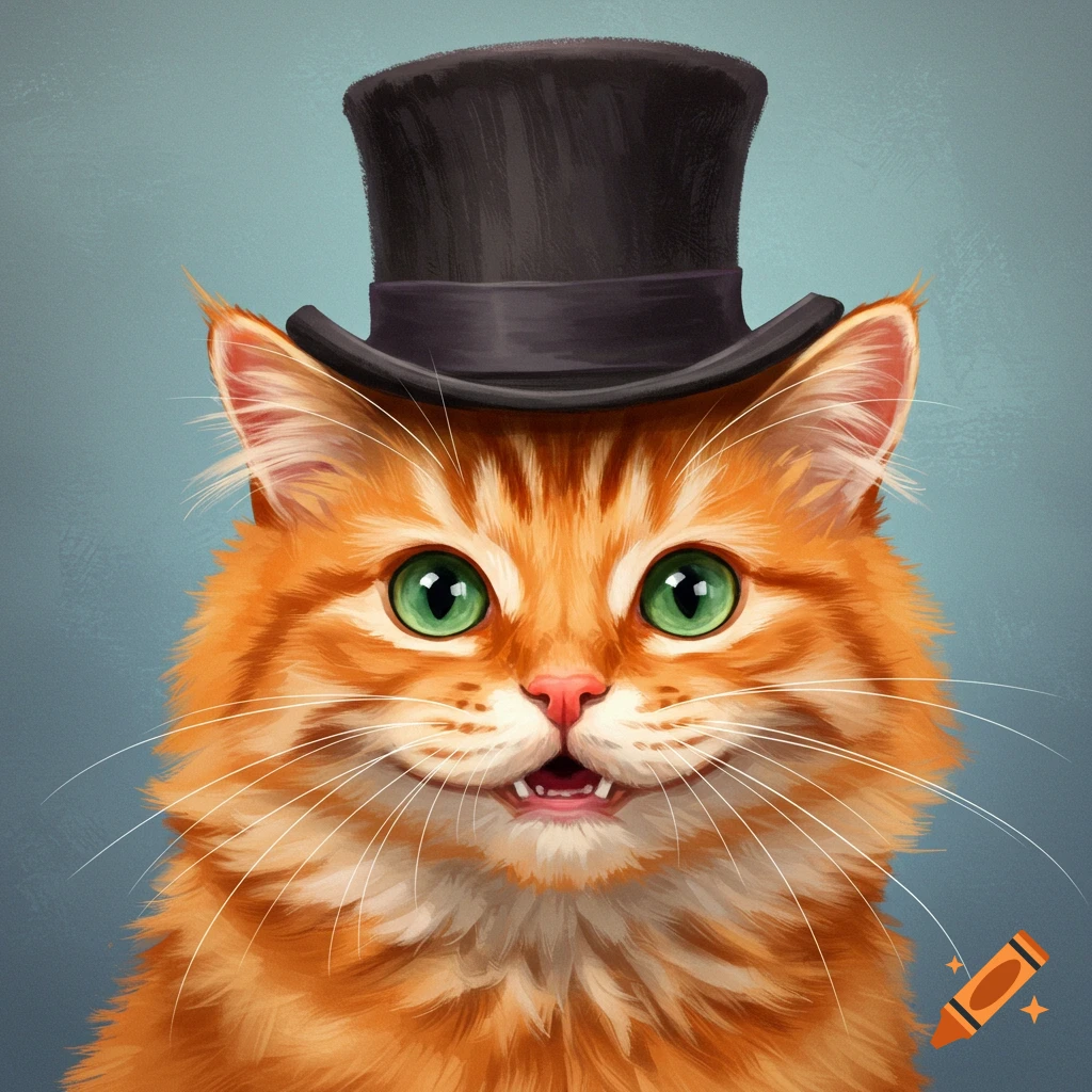 An orange cat wearing a black top hat.