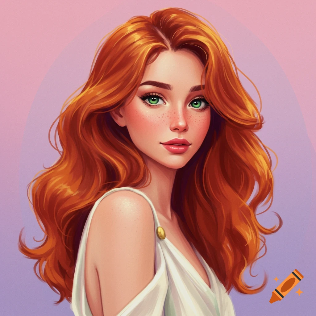 A woman with red hair and green eyes.