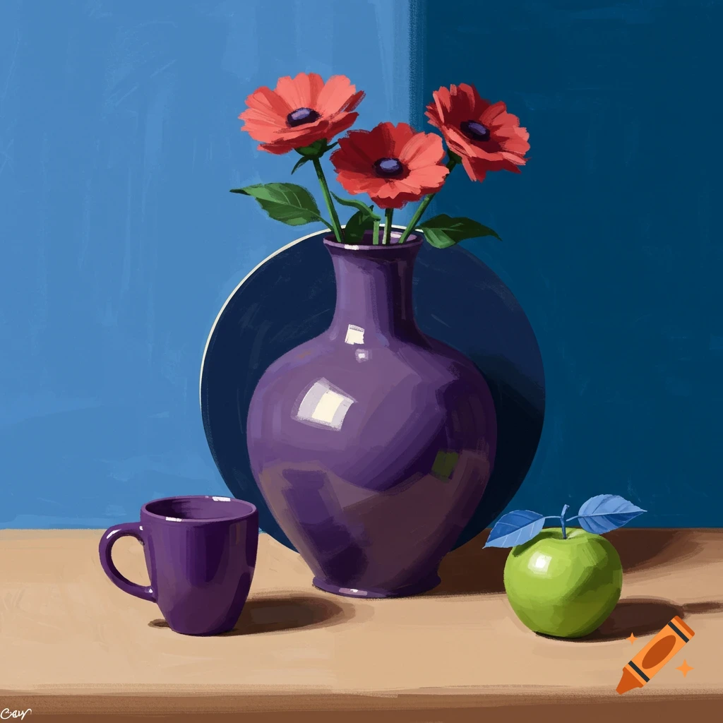 A still life featuring a purple vase with red flowers, a purple cup, and a green apple on a brown table against a blue background.