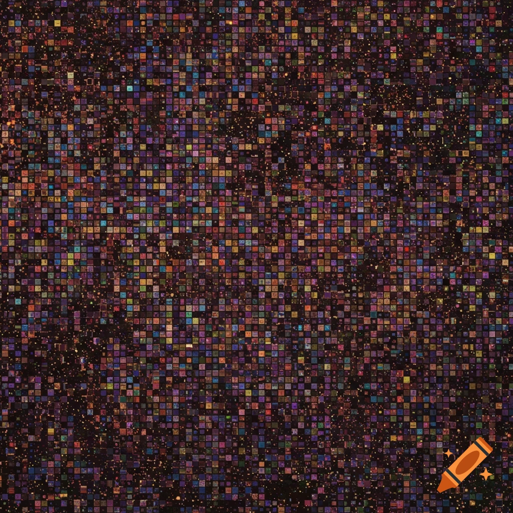 Dense pattern of multicolored pixels and scattered dots.