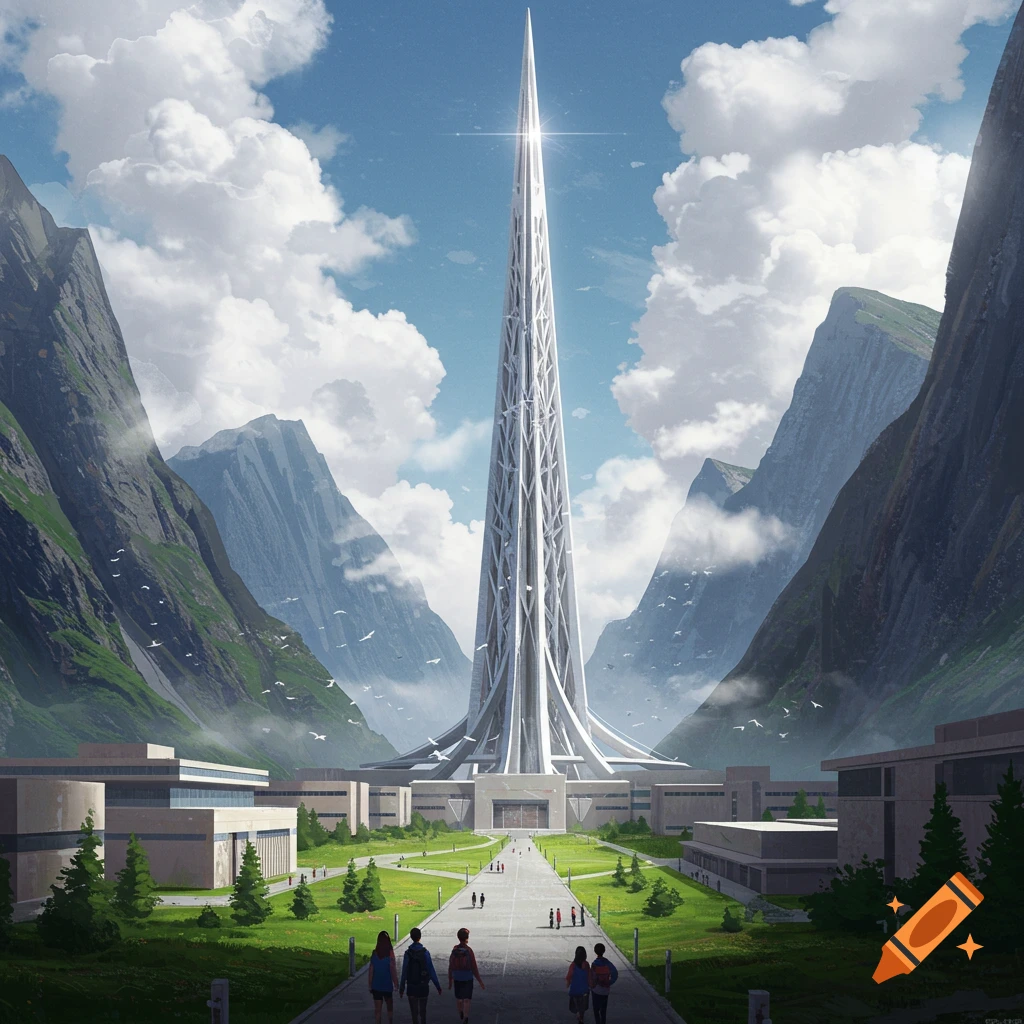 A modern spire and campus stand in a mountain valley.