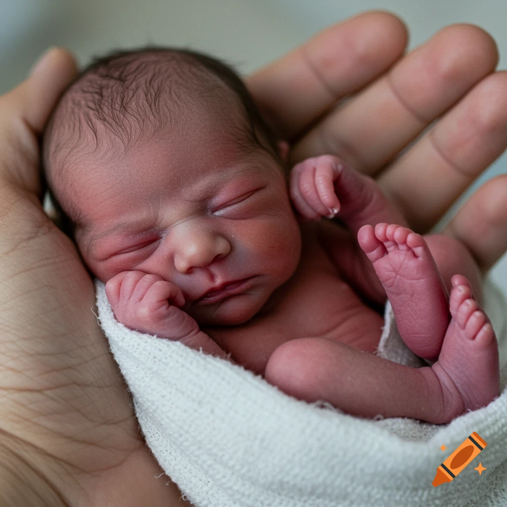Close-up photo of a tiny newborn baby wrapped in a white cloth, held delicately in the palm of a hand.