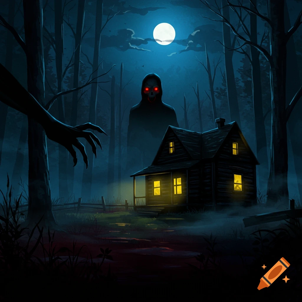 A horror scene with a cabin, giant monster, clawed hand, and full moon in a dark forest.