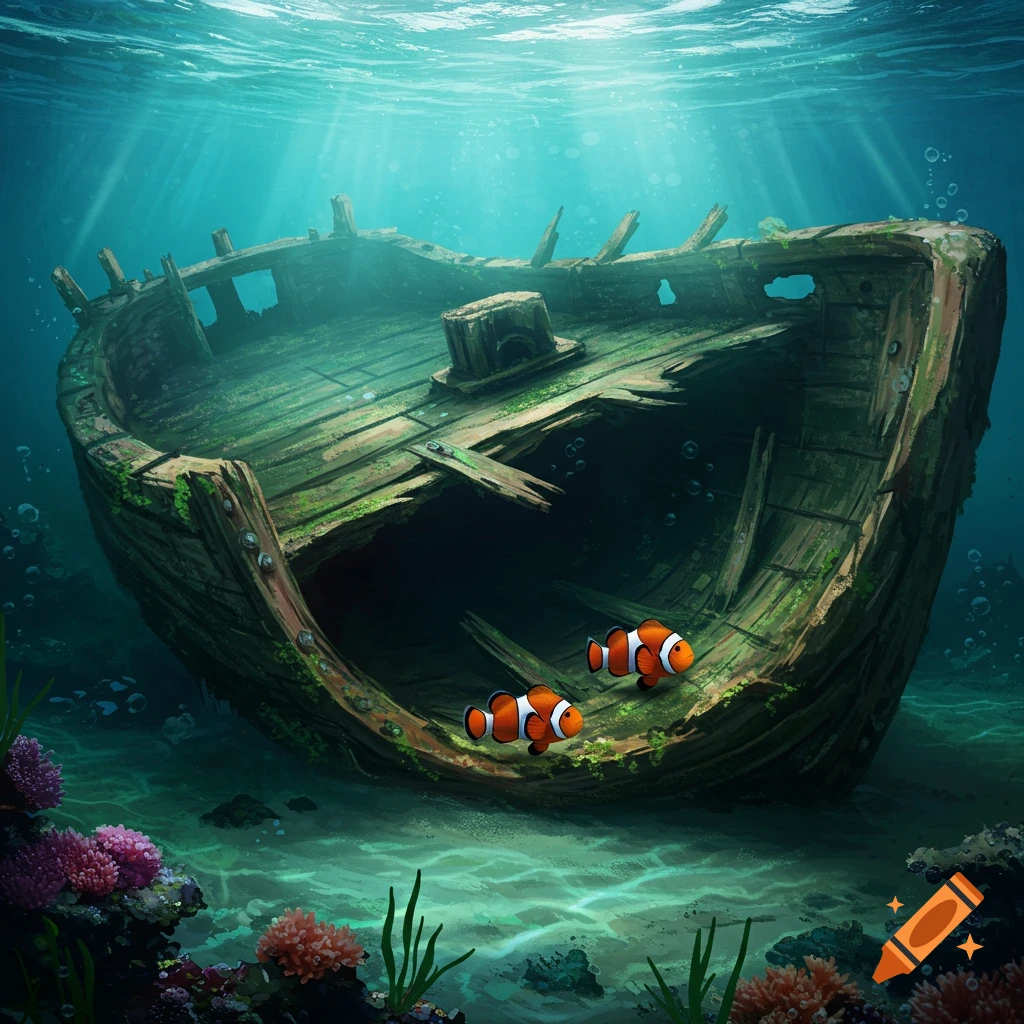 Two clownfish swimming near an underwater shipwreck with sun rays filtering through the water.