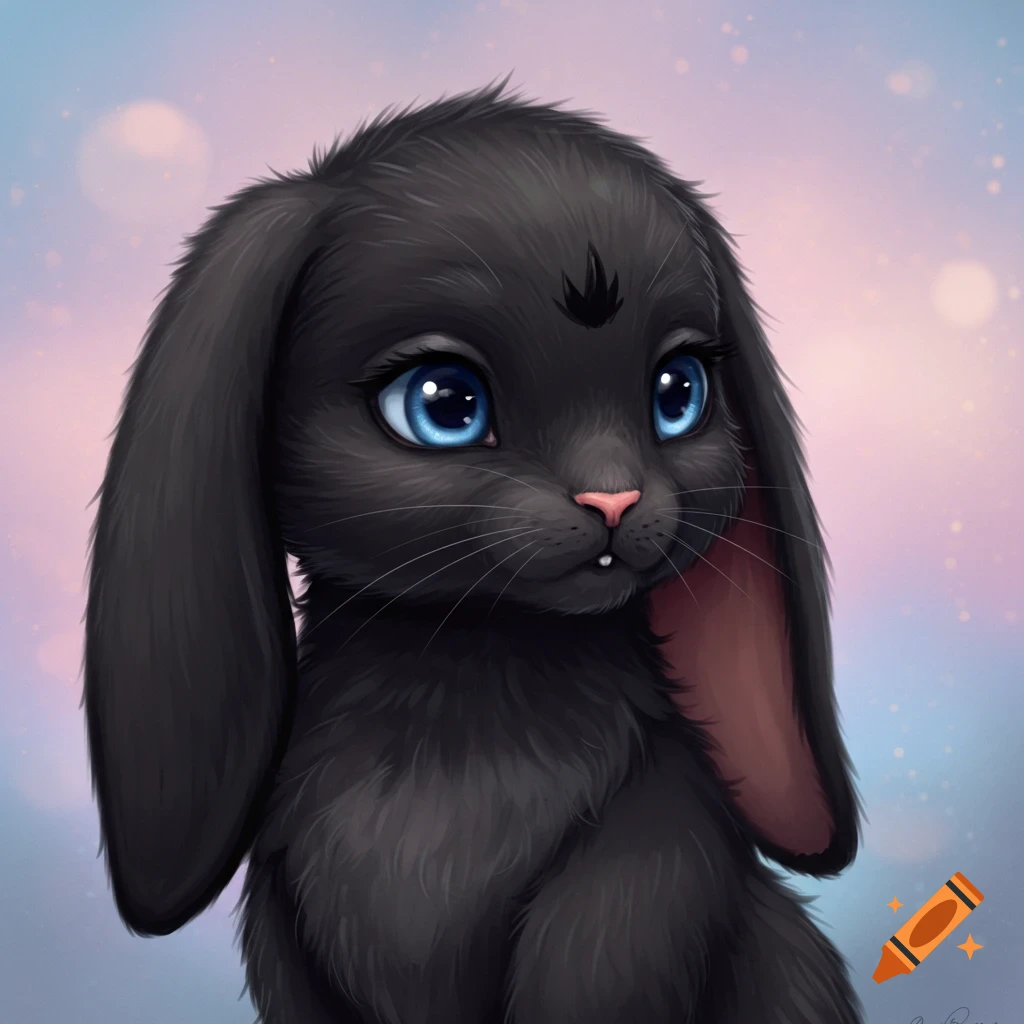 Picture of a black floppy-eared bunny with large blue eyes