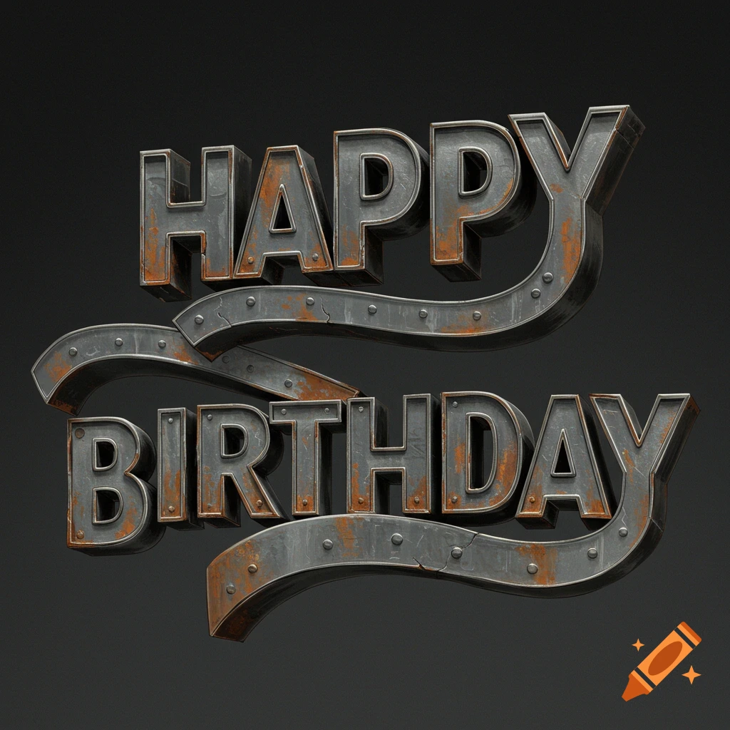Happy Birthday text stylized as rusty metal beams