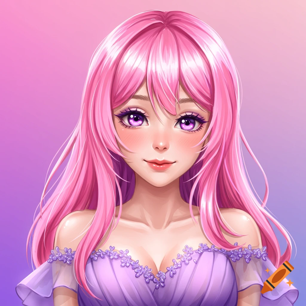 An anime woman with pink hair and purple eyes is wearing a purple dress.