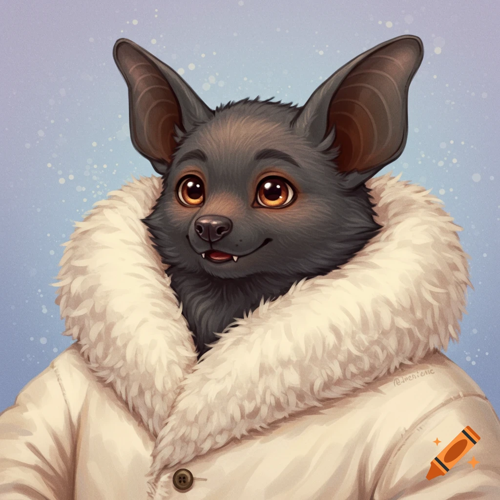 A cute anthropomorphic bat wearing a fluffy white coat.