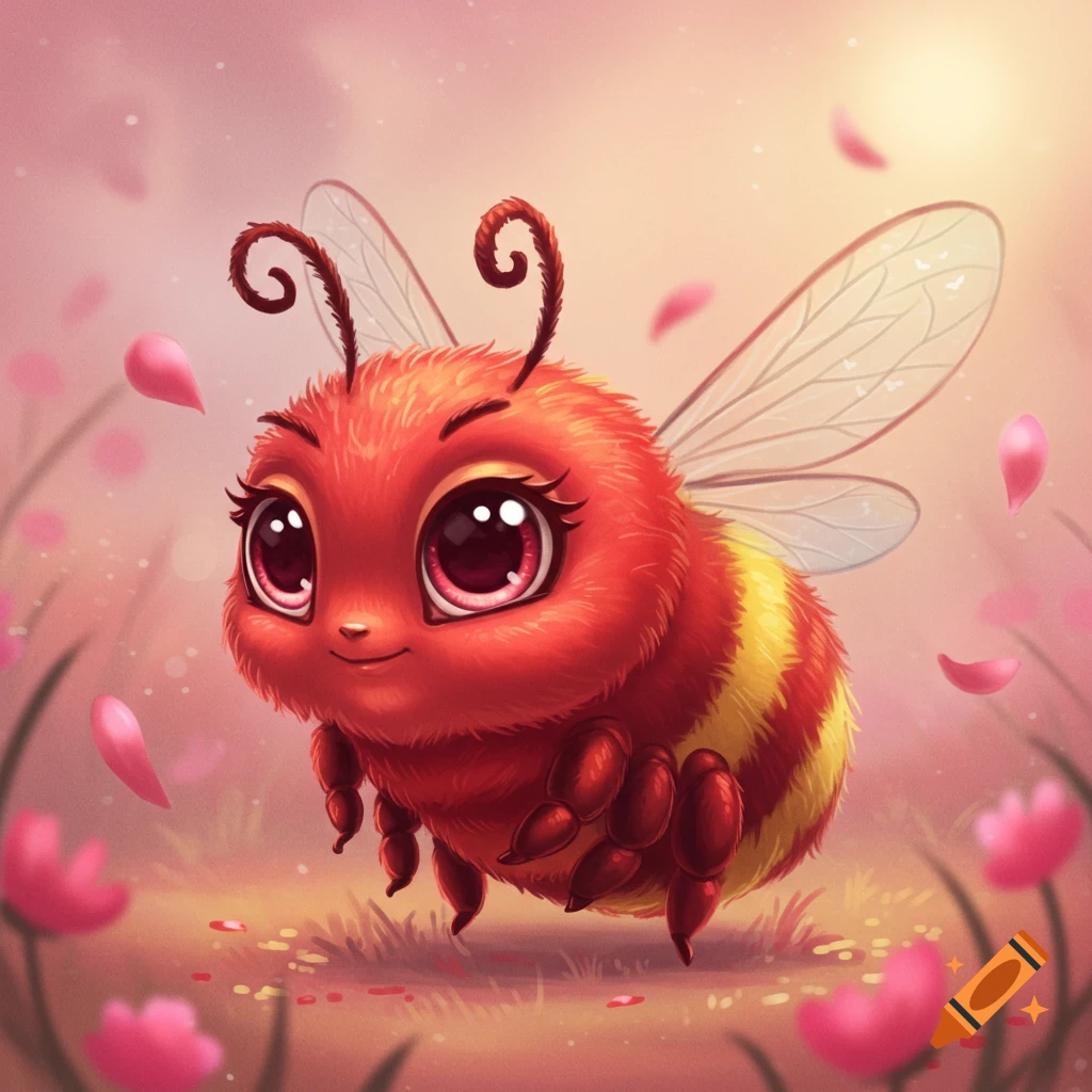 Cute red and yellow fuzzy bee in a flower field with falling petals.