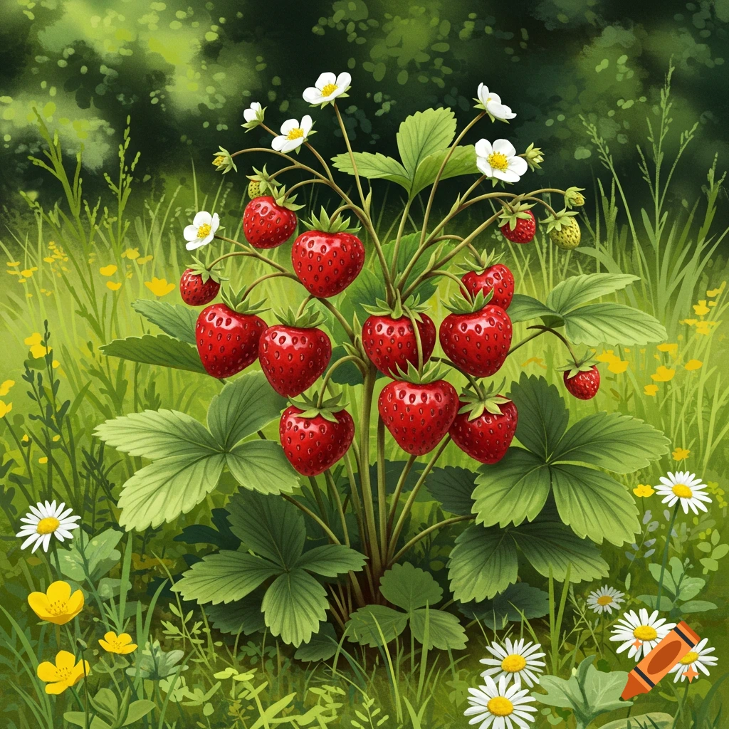 A strawberry bush with red berries and white flowers in a garden.