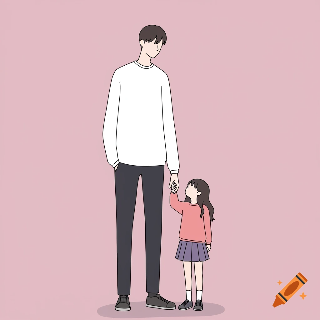 A minimalist digital illustration of a tall person and a shorter person holding hands on a pink background.