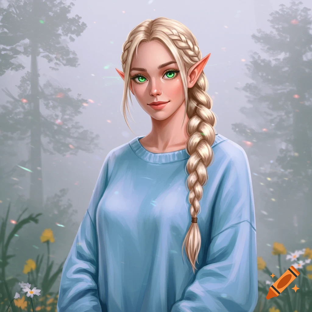 A blonde elf woman in a blue sweater with a braid, green eyes, in a forest clearing.